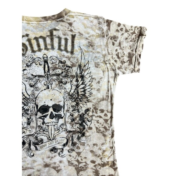 Sinful T-Shirt Womens Brown Y2K Skull Wings Transparent Grunge Distressed HTF - Picture 9 of 12